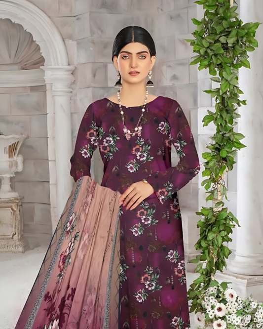 SAYA Plum Elegance Digital Premium Viscose Linen 3-Piece Suit