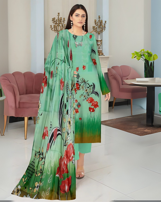 Kashish Aqua Bloom Digital Premium Viscose Bana Dora 3-Piece Suit