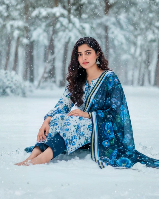 Chirenza Al Karam Digital Khaddar Suit in Blue White Floral