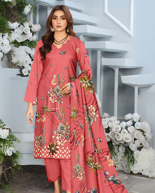 Chirenza Rose Pink Premium Digital Khaddar 3-Piece
