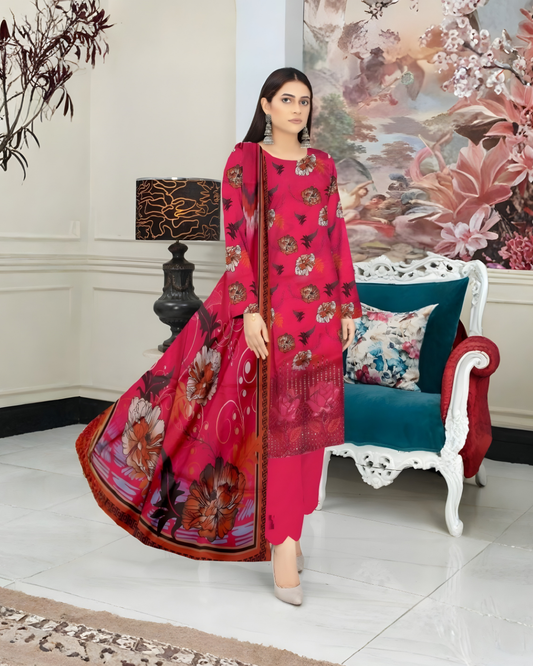 Chirenza Premium Hot Pink Floral Viscose Suit 3 Piece Embroidered Set