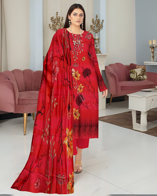 Kashish Crimson Elegance Digital Premium Viscose Bana Dora 3-Piece Suit