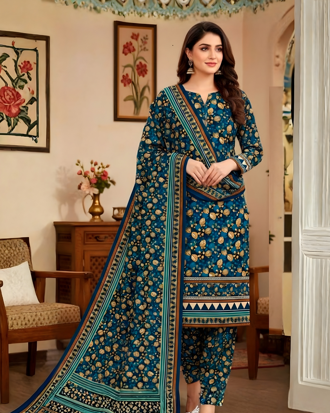 Chirenza Al Karam Digital Khaddar Suit in Navy Blue