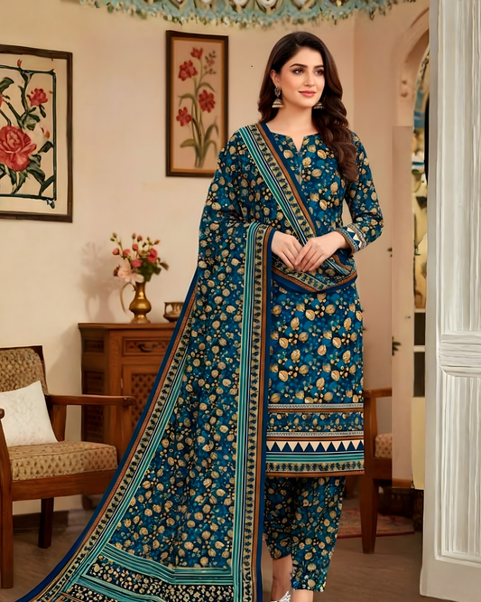 Chirenza Al Karam Digital Khaddar Suit in Navy Blue