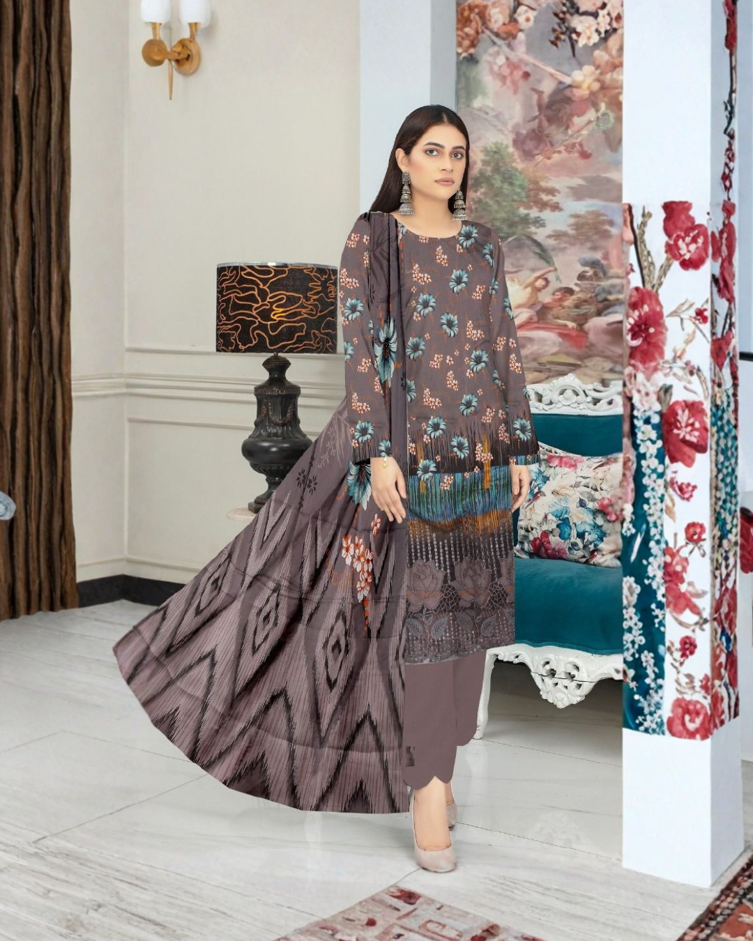 Chirenza Premium Grey & Teal Floral Viscose Suit 3 Piece Embroidered Set