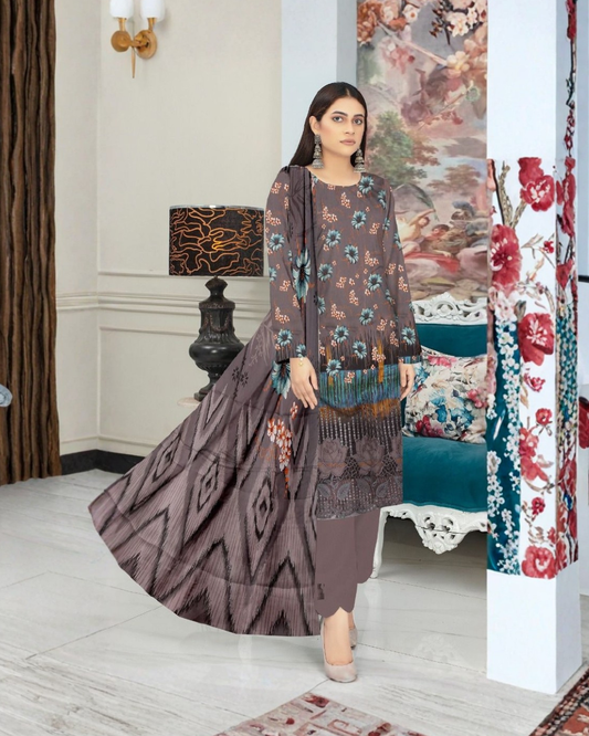 Chirenza Premium Grey & Teal Floral Viscose Suit 3 Piece Embroidered Set