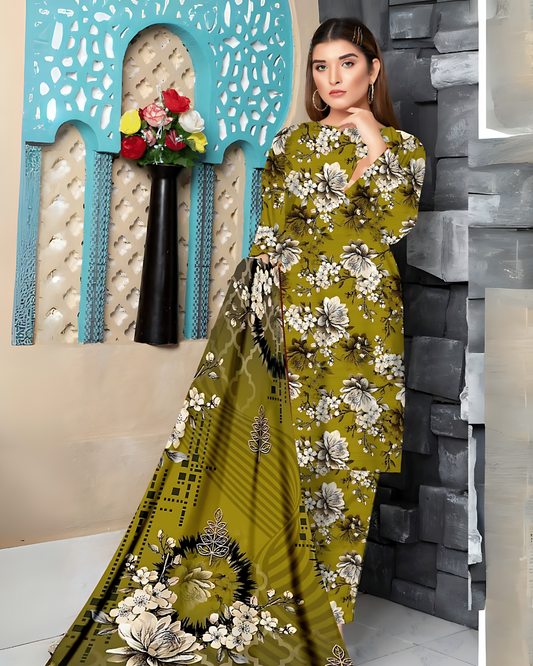 Chirenza Olive Blossom 3 Piece Premium Digital Doria Linen Suit