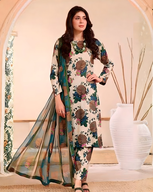 Chirenza Al Karam Digital Khaddar Suit in Off- White.