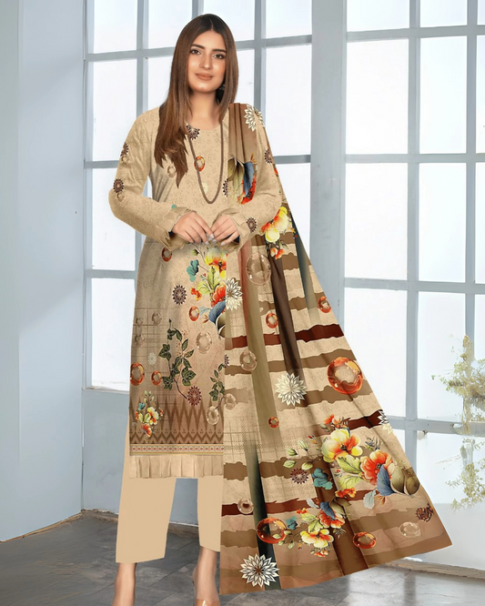 Chirenza Beige Premium Digital Khaddar 3-Piece