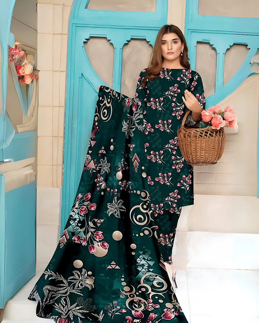 Chirenza Emerald Bloom 3 Piece Premium Digital Doria Linen Suit