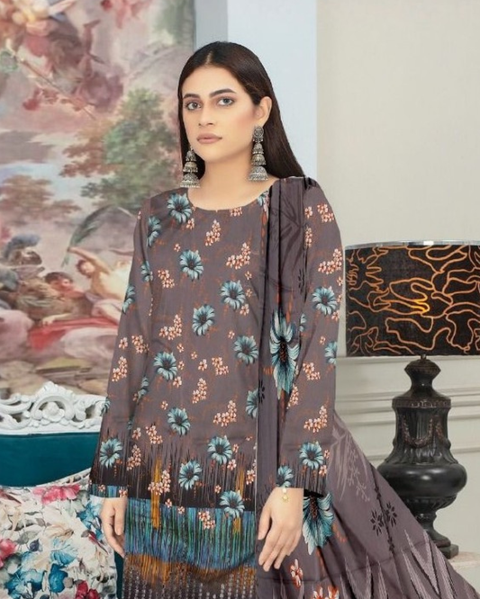 Chirenza Premium Grey & Teal Floral Viscose Suit 3 Piece Embroidered Set