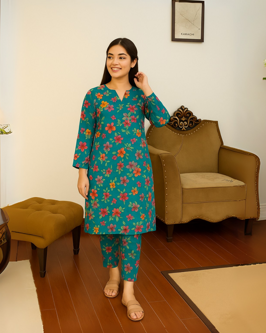 Chirenza Turquoise Blossom Digital Premium Khaddar 2 piece