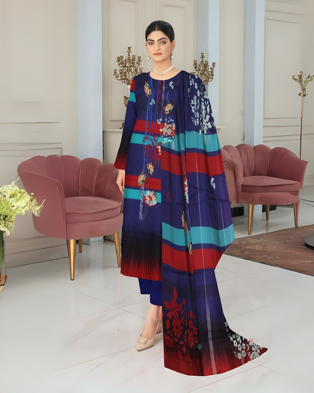 Kashish Midnight Stripes Digital Premium Viscose Bana Dora 3-Piece Suit