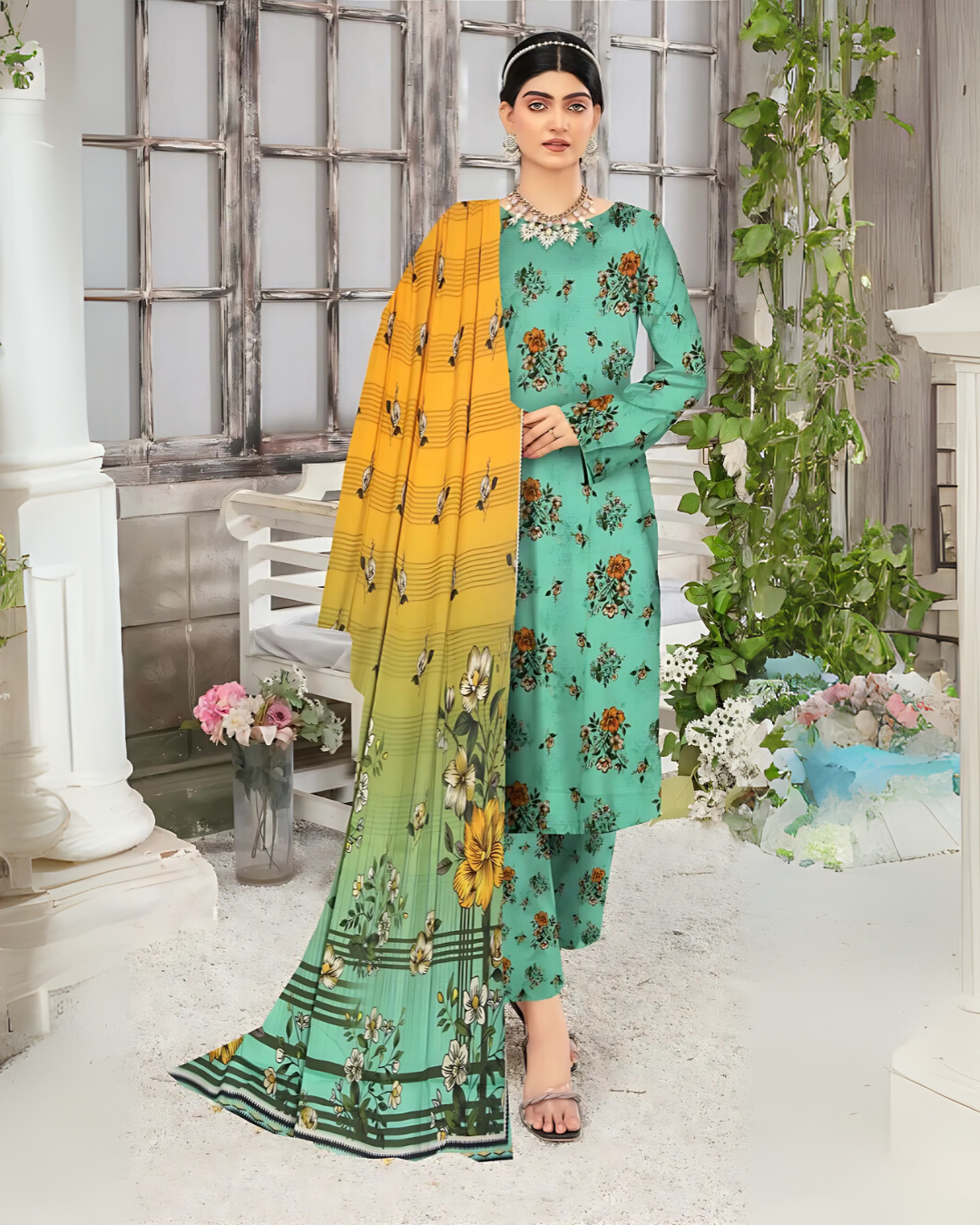 SAYA Olive Bloom Digital Premium Viscose Linen 3-Piece Suit