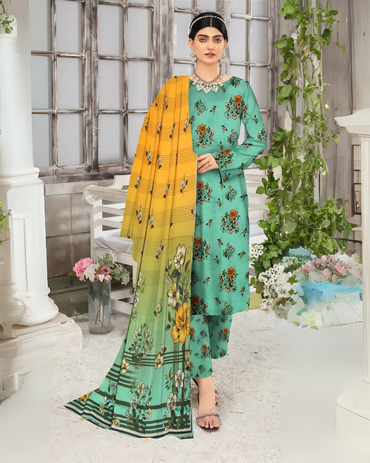 SAYA Olive Bloom Digital Premium Viscose Linen 3-Piece Suit