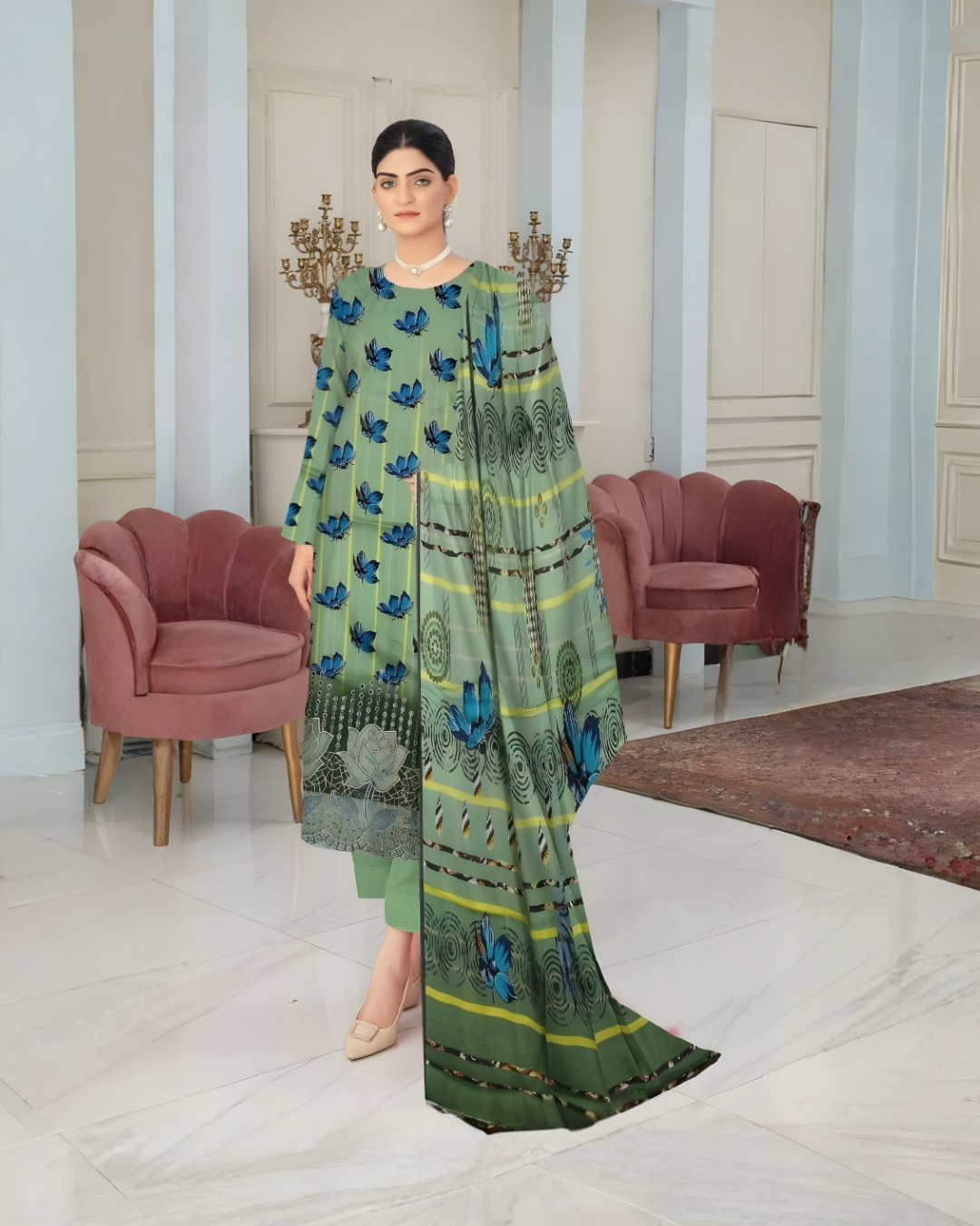 Chirenza Premium Mint Green Butterfly Print Viscose Suit - 3 Piece Embroidered Set