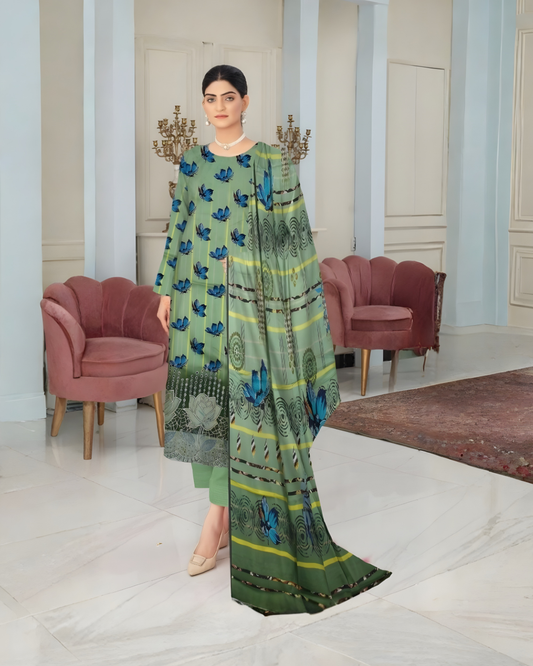 Chirenza Premium Mint Green Butterfly Print Viscose Suit - 3 Piece Embroidered Set