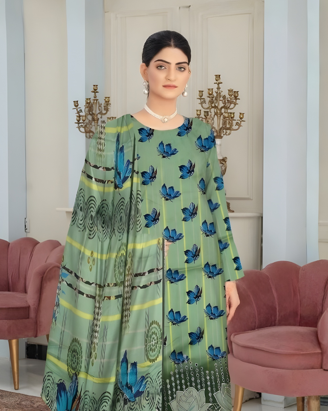 Chirenza Premium Mint Green Butterfly Print Viscose Suit - 3 Piece Embroidered Set