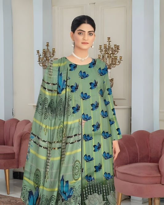 Chirenza Premium Mint Green Butterfly Print Viscose Suit - 3 Piece Embroidered Set
