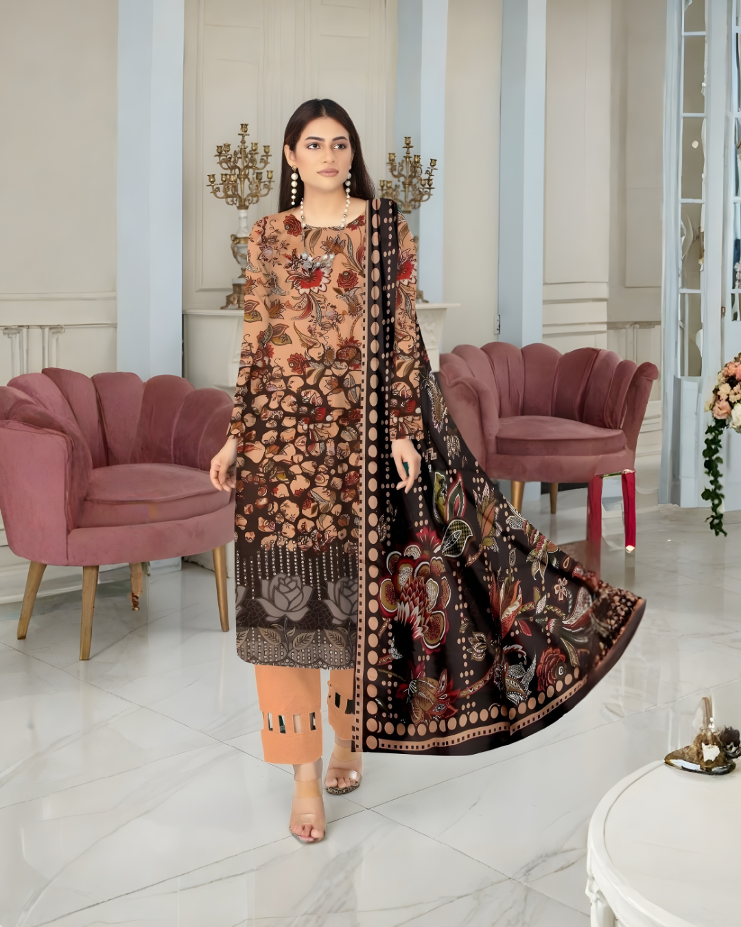 Chirenza Premium Brown Floral Digital Print Viscose Suit 3 Piece Embroidered Set