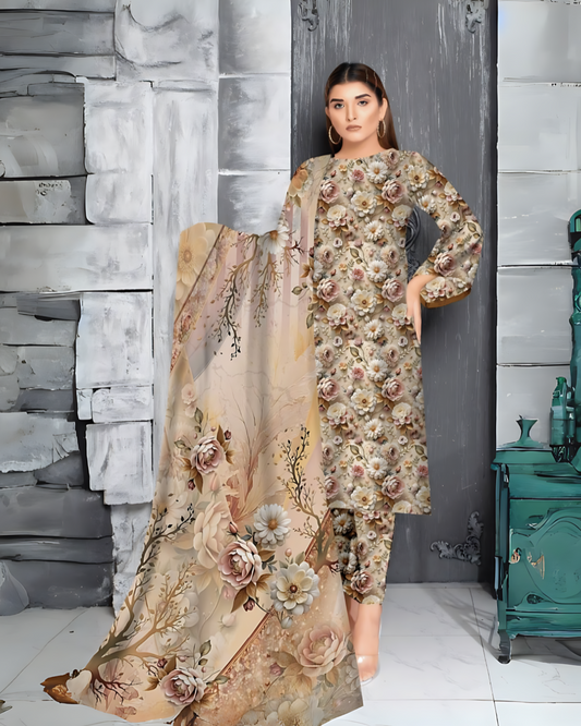 Chirenza Golden Blossom 3 Piece Premium Digital Doria Linen Suit