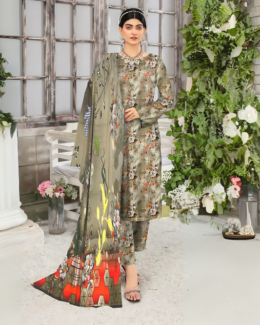 SAYA Olive Mist Digital Premium Viscose Linen 3-Piece Suit