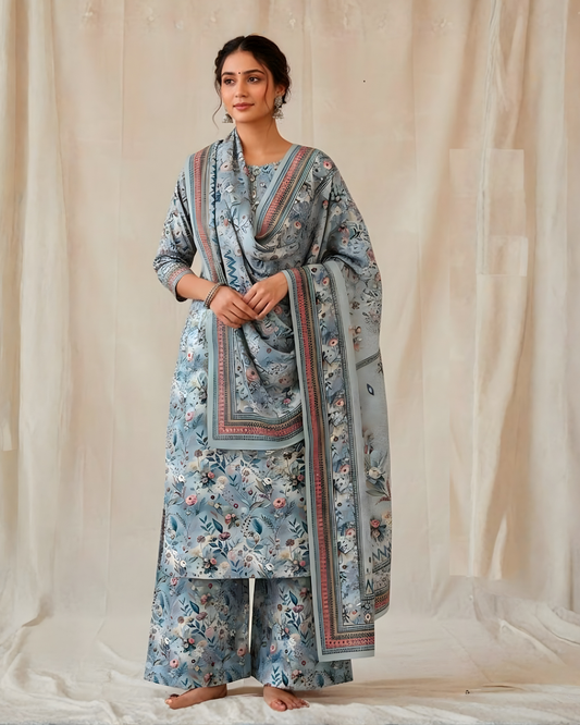 Chirenza Elegant Al Karam Digital Khaddar Suit in Dusty Blue