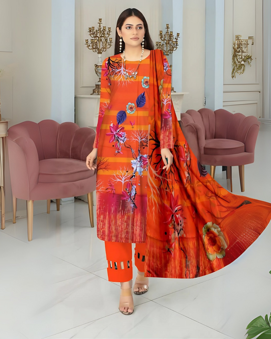 Kashish Fiery Bloom Digital Premium Viscose Bana Dora 3-Piece Suit