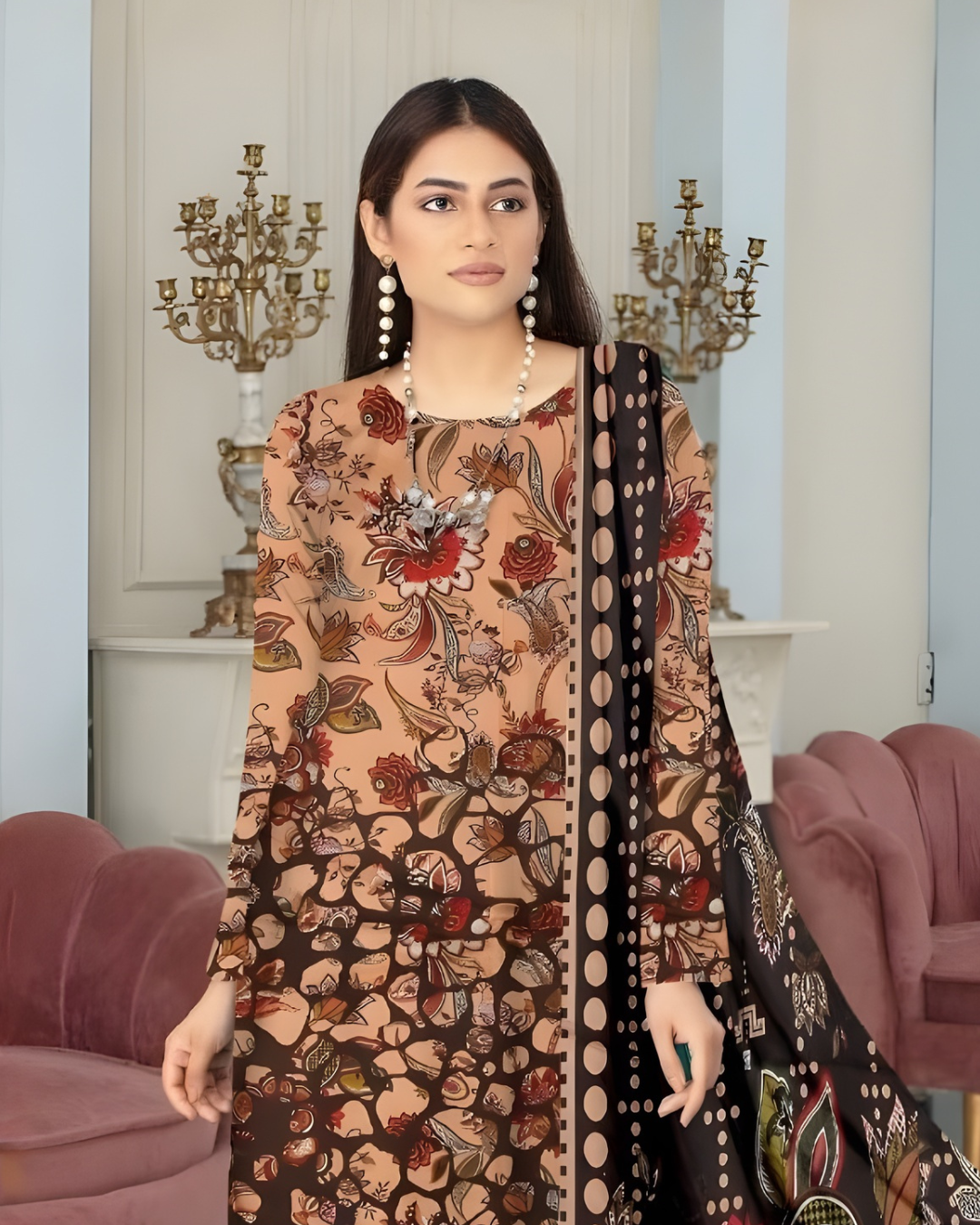 Chirenza Premium Brown Floral Digital Print Viscose Suit 3 Piece Embroidered Set