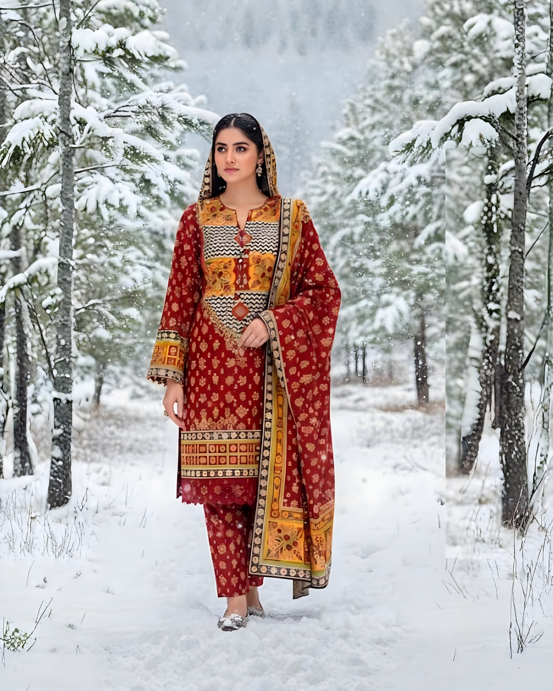 Chirenza Al Karam Digital Khaddar Suit in Rustic Red & Mustard