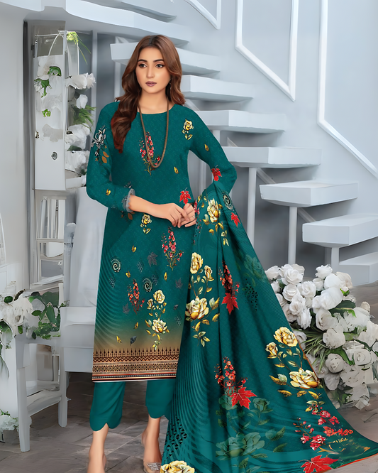 Chirenza Teal Premium Digital Khaddar 3-Piece Suit