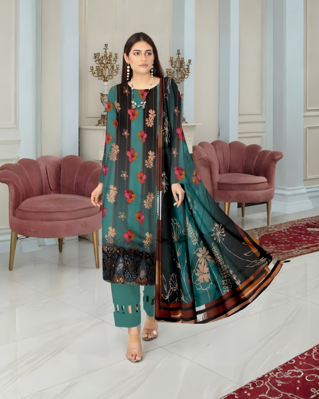 Chirenza Premium Teal & Black Stripe Floral Viscose Suit - 3 Piece Embroidered Set