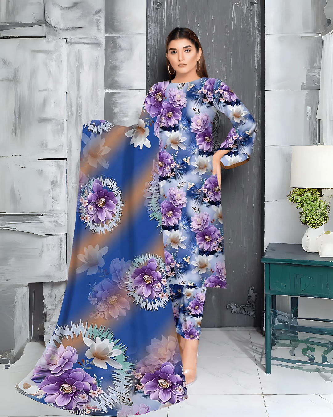 Chirenza Royal Bloom 3 Piece Premium Digital Doria Linen Suit