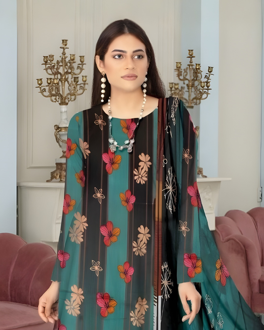 Chirenza Premium Teal & Black Stripe Floral Viscose Suit - 3 Piece Embroidered Set