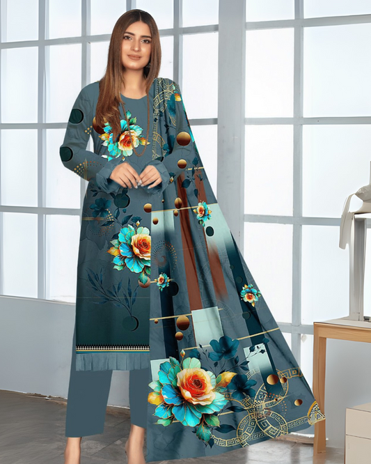 Chirenza Ash Blue Premium Digital Khaddar 3-Piece