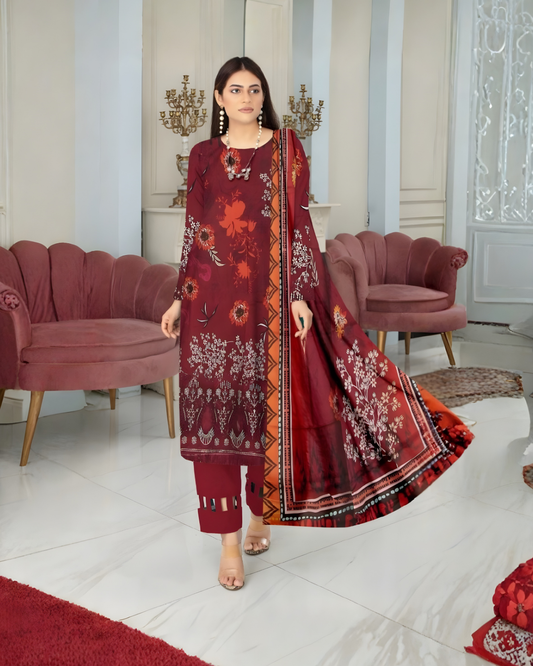 Chirenza Premium Deep Maroon Floral Viscose Suit 3 Piece Embroidered Set