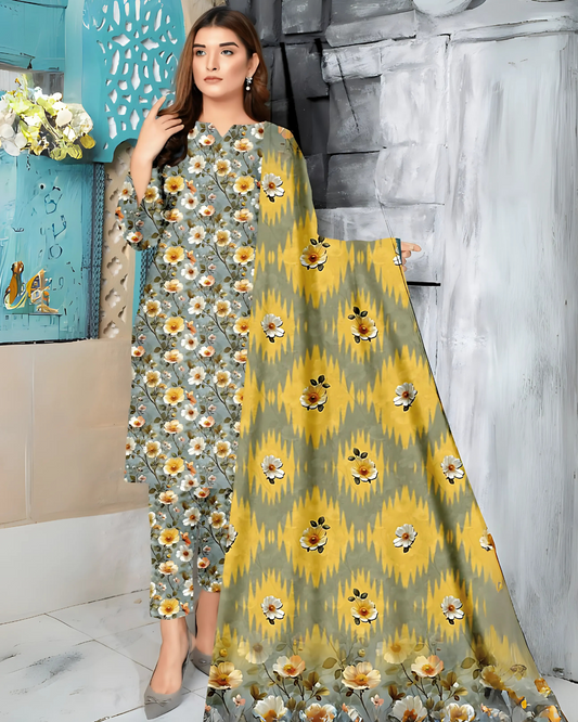 Chirenza Sunshine Bloom 3 Piece Premium Digital Doria Linen Suit