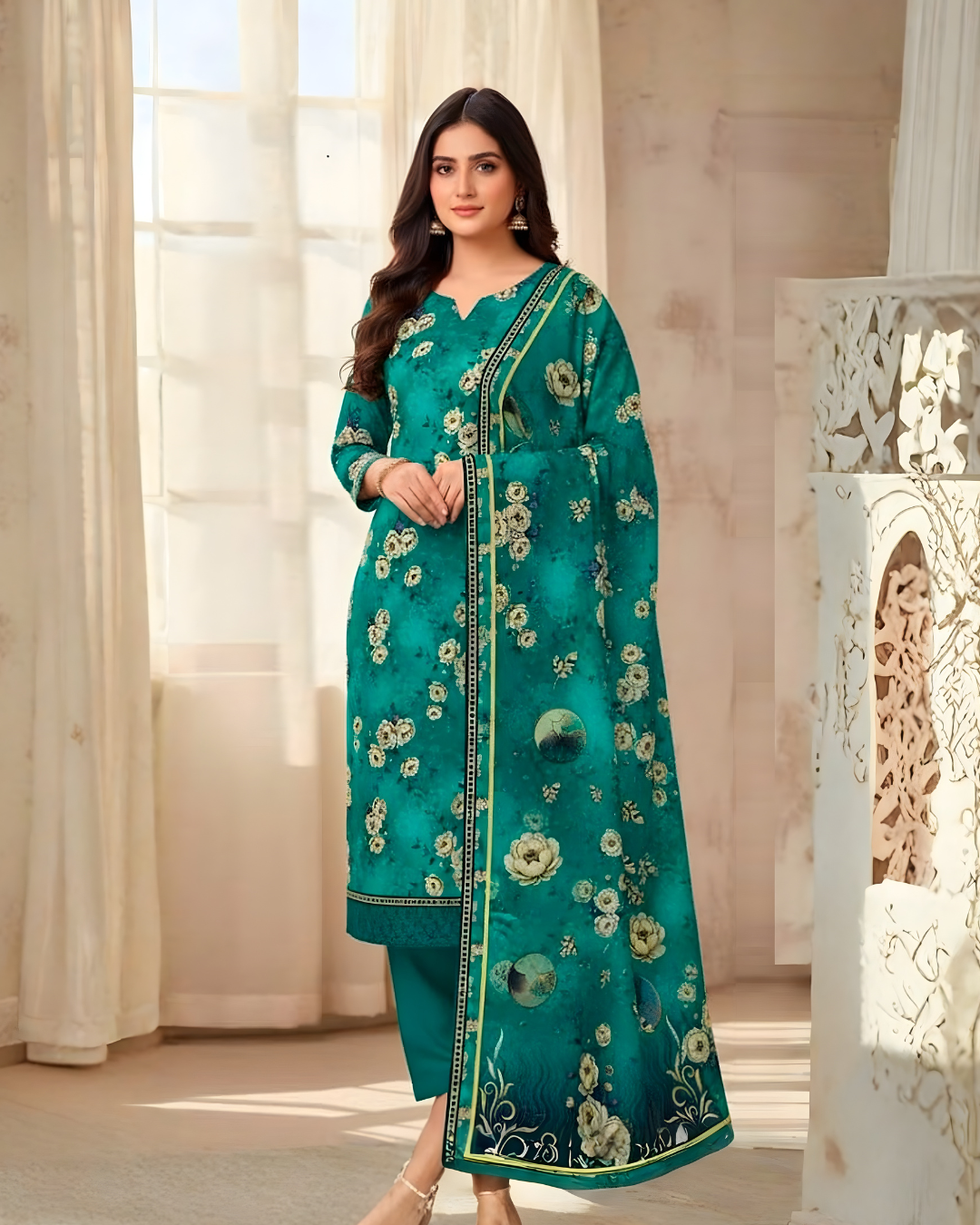 Chirenza Al Karam Digital Khaddar Suit in Vibrant Teal Floral