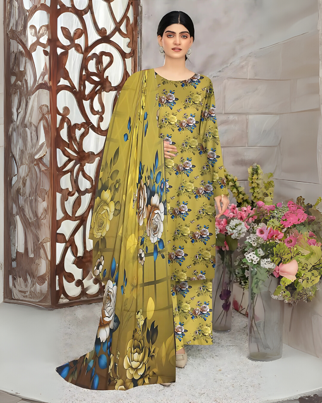 SAYA Mustard Blossom Digital Premium Viscose Linen 3-Piece Suit