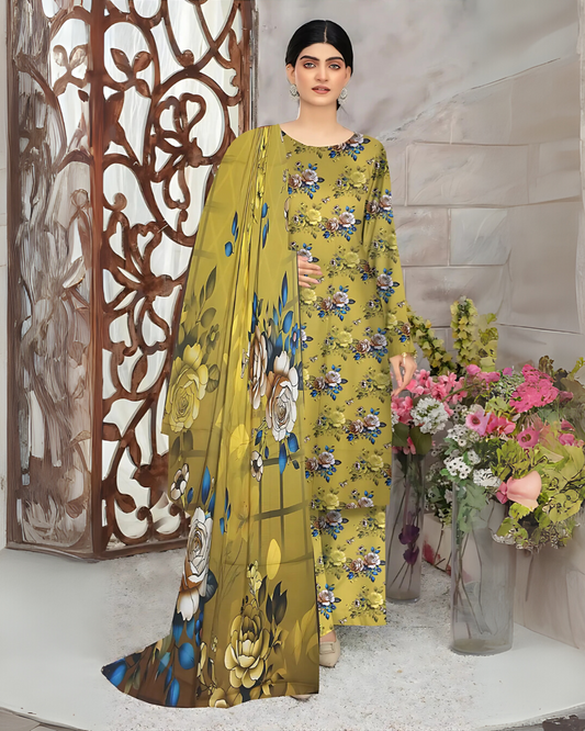 SAYA Mustard Blossom Digital Premium Viscose Linen 3-Piece Suit
